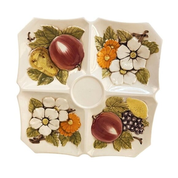 Lefton Serving Platter Ceramic Divided Serving Tray With Fruit & Floral Design - Picture 4 of 9